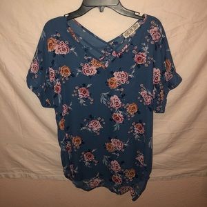 blue floral short sleeve blouse
